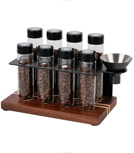 Watchget Coffee Bean Storage System - 8 Single Dose Tubes with One-Way Exhaust Valve, Sealed Airtight Cellars with Hopper and Wooden Display Stand