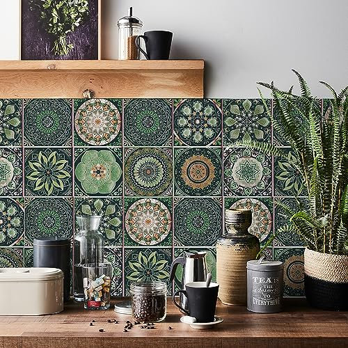 WALULAW 24 adesivi per piastrelle per cucina e bagno, 15 x 15 cm, stile marocchino, vintage, autoadesivi, in vinile, impermeabili, a prova di olio, fai da te (verde mandala, 20 x 20 cm)