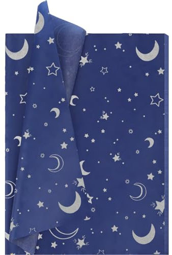 Jwssor Star Moon Tissue Paper,20sheets Blue Silver Tissue Paper,20x14inch Xmas Wrapping Paper,Silver Star Tissue Paper for Christmas Wedding Birthday DIY Crafts