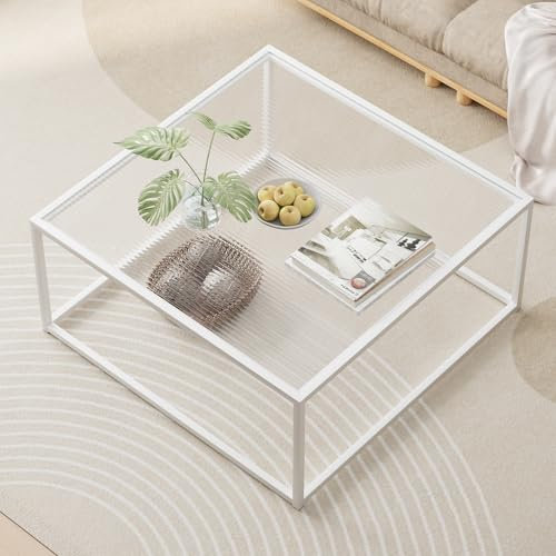 Mesa de centro cuadrada de cristal para espacios pequeños, mesa central minimalista moderna para sala de estar, oficina en casa, parte superior de vidrio templado con marco de metal resistente, fácil