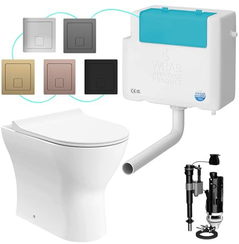 Rimless Back to Wall Dual Flush Toilet & Side Entry Concealed Cistern Set with Square Flush Plate - Ceramic Insulated Rimless Technology Quiet Flush (Brushed Brass)
