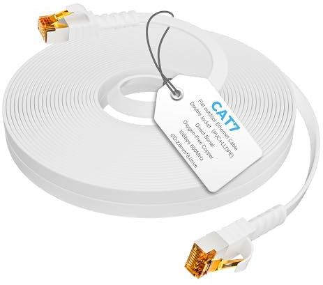 Mygatti 10 Meter Cat7 Flaches Ethernet kabel– Weiß, für den Außenbereich,10 Gbit/s 600 MHz,POE,Robustes PVC+LLDPE,wetterfest,direkter Vergrabung,Cat 7 RJ45 Netzwerkkabel, mit 25 Kabelclips