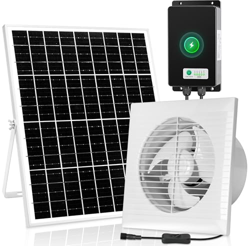 blessny Wiederaufladbarer solarbetriebener Abluftventilator, 25 W, 20,3 cm (8 Zoll), mit 66,6 Wh Backup-Batterie, für Outdoor-Gewächshaus, Hühnerstall, Schuppen