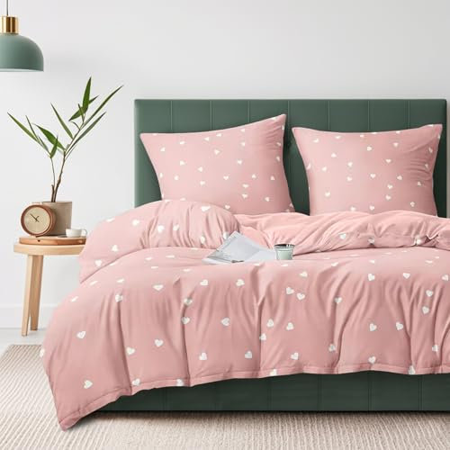 Gezu Bettwäsche Herzen Rosa Weiß 155x220cm Aesthetic Herz Bettwäsche Set Herzchen Romantisch Weich Microfaser Einzelbett Bettbezug 155x220 mit 2 Kissenbezug 80x80cm mit Reißverschluss