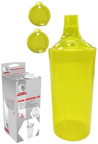 Plastic Feeding Cup with 2 Lids Adult Feeder Beaker with Large & Small Spouts, Straw Holes – Ideal for Liquids & Blended Foods – Easy to Hold, Spill-Resistant, Perfect for Home & Hospital Use (Yellow)