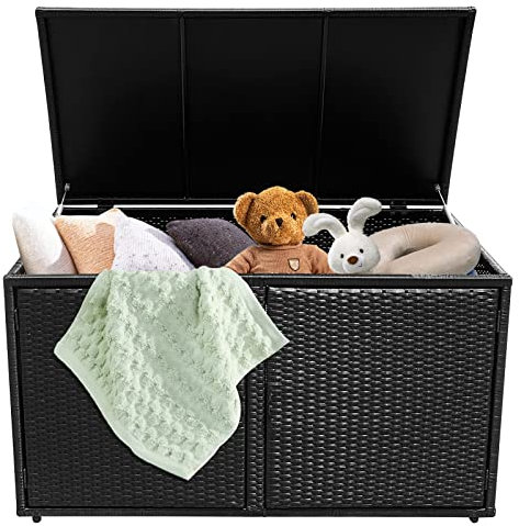 GIANTEX Coffre de Rangement 333 L en Résine, Boîte de Rangement en Rotin à 2 Niveaux avec Couvercle et Portes Doubles, Grande Capacité, 60 x 115 x 65 cm, Noir