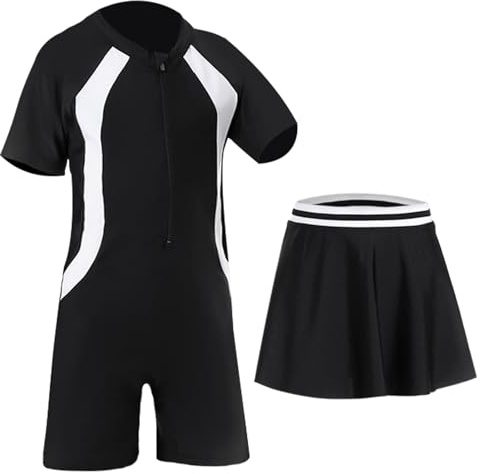 UoQo 2in1 Swimming Costume for Girls Short Sleeve One Piece Swim Suit with Skirt Quick Drying Kids Swimwear for Summer Swim Beach Water Sports