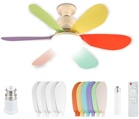 Socket Ceiling Fans with Lights and Remote, Infinitely Dimmable LED Lights with Rainbow Fan Blade, E27 Base Socket Extender Small Ceiling Fan with 3 Colors 2800K-6500K, 2700 Lumens with B22 Adapter