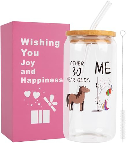 KEYIDO Funny 30th Birthday Gifts for Women 30th Glass Cups with Lids Straws and Straw Brush Glass Tumbler for Iced Coffee Latte Presents Ideas for Her Friend Wife Sister Daughter