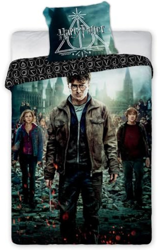 Harry Potter Bettwäsche 135x200 cm – Offizielles Lizenzprodukt mit Harry, Hermine & Ron – 2-teiliges Set mit Kissenbezug 80x80 cm – 100% Baumwolle – Film-Motiv vor Hogwarts