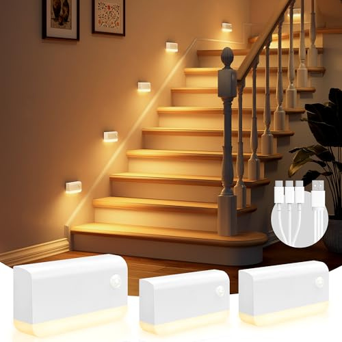 VOLISUN 3 Stück Nachtlicht mit Bewegungsmelder, 1200-mAh-Akku Treppenlicht mit Bewegungsmelder, Drahtlose magnetische LED Nachtlicht mit 3 Lichtmodi für Treppen, Schlafzimmer, Badezimmer (Weiß)