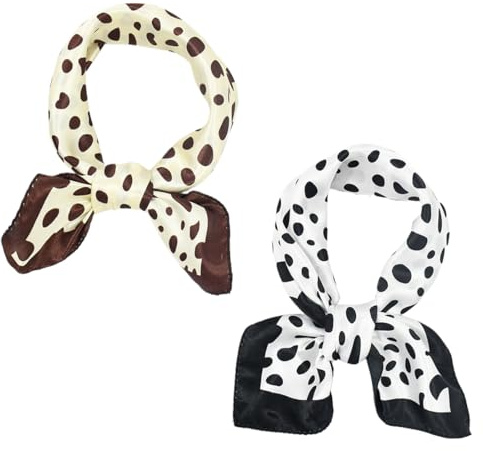 UEIOAVL Women's Scarves, 2 Stück kleiner quadratischer Schal Seidenschal Vintage-Schal 50 x 50 cm gepunktet Stirnband Taschendekoration Damengeschenk (Schwarz, Braun)