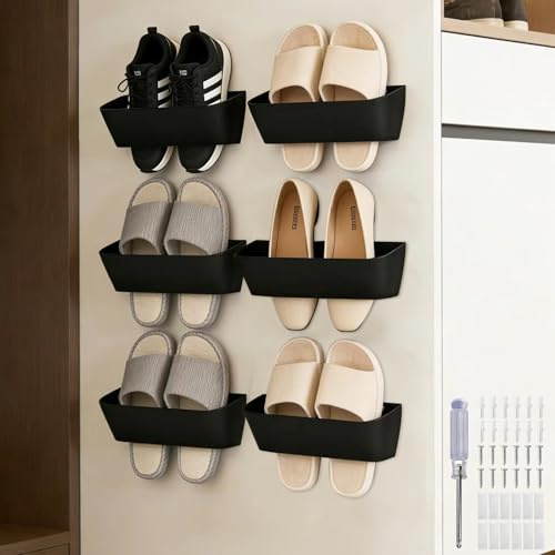 MOAMUN 6PCS Wall Mounted Shoe Rack, Self Adhesive or Drilling Shoes Holder | Plastic, Wall Mounted, Space Saving, Stackable, Include Sticky Strip, Caravans Doors Cabinets Home Bathroom Hallway Use
