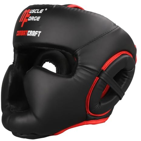 MuscleForge Casque de Boxe Taille M – Protection intégrale pour entraînement et Sparring, MMA, Muay Thai & Kick Boxing – Mousse EVA 4 Couches, Cuir PU Premium, Vision 180°, Sangle réglable, Respirant