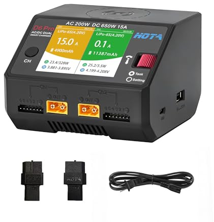 HOTA D6 Pro Chargeur intelligent double canal AC200 W/DC650 W (15 A x2) – pour batterie LiPo/LiHV/NiMH/Pb 1-6S, avec écran LCD couleur, panneau de charge sans fil et USB 5 V – Compatible avec les