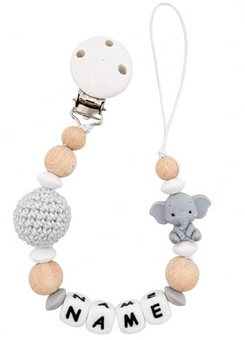 Individuell gestaltetes Babygeschenk personalisiertes Schnullerkette mit Namen für Mädchen oder Junge Baby Geschenk personalisiert zur Geburt & Taufe (Elefant grau)