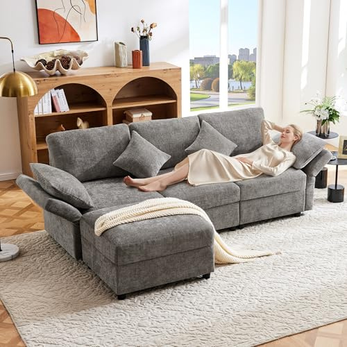 Yihomfy Canapé d'angle Convertible 3 Places en L,Canape Dangle Convertible avec Repose-Pieds, Chenille Canape Lit, 4 Coussins, Accoudoirs Réglables, pour Salon, Bureau ou Appartement,Gris