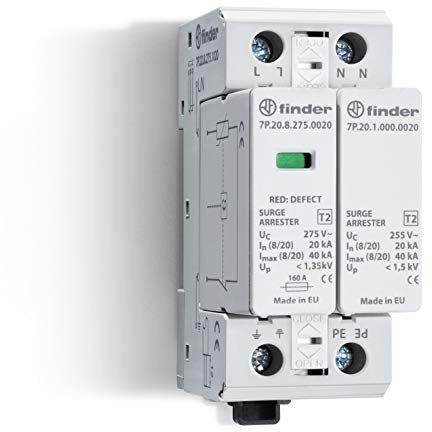 Finder Scaricatore di Sovratensione Tipo 2 7P.22. Protegge da da sovratensioni indotte e di manovra. Per sistemi TT e TN-S monofase con neutro. Protezione varistore L-N + spinterometro a gas N-PE
