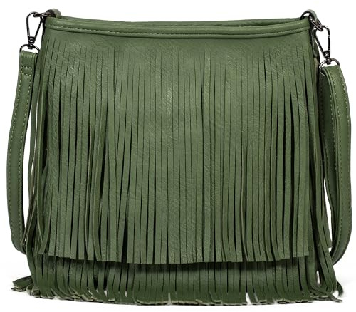 Big Handbag Shop Tassel Fringe Shoulder Bag for Women – Faux Leather Crossbody Messenger with Long Strap – Dakota (Green)