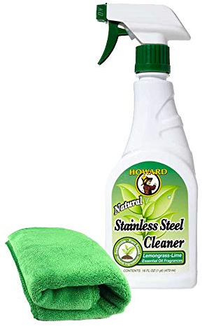Howard Stainless Steel Cleaner and Polish for Kitchen Appliances, Streak-Free Fingerprint Remover Spray with Lemongrass Lime Scent plus Microfibre Cloth, 473ml