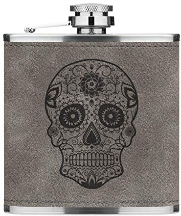 Negro Caramelo Azúcar Calavera 6oz PU Cuero Petaca Gris Luxe