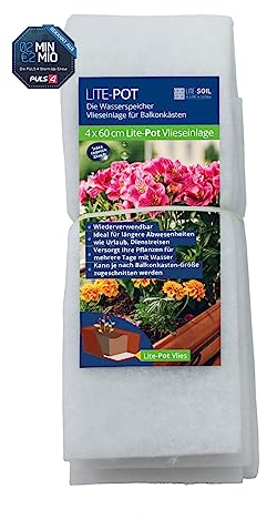 Lite-Soil LITE-Pot M (4 STK. je 60 x 12,5) Vlieseinlage, Kapillarmatte 350g/m², Wasserspeicher für Balkonkästen, Anstaubewässerung, 13 mm dick, Wasserspeicherkapazität 12 L/m bekannt aus 2MIN2MIO