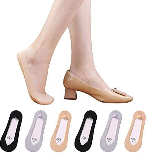 TAGVO 6 Paires Chaussettes Basses Invisibles Femme Respirantes en Coton avec Dentelle Anti-Dérapant Protège Pied Elastique avec Silicone Noir Nu Gris