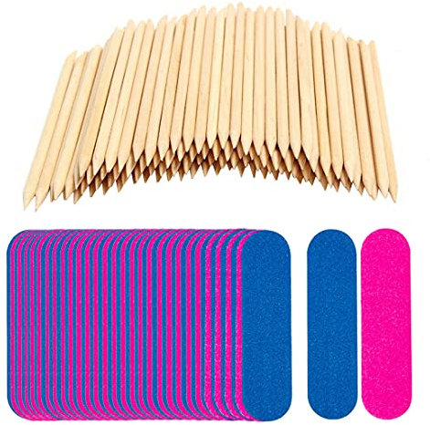 BAQI Nail Art Pedicure Tools, 100 piezas de palitos de madera para cutículas, 100 piezas de mini limas de uñas desechables, herramienta de manicura profesional para uñas postizas acrílicas naturales