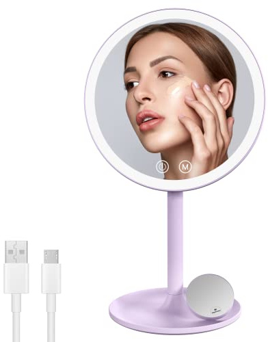 EMKE Schminkspiegel mit Beleuchtung, LED Kosmetikspiegel mit 3 Lichtfarben, Praktisch Makeup Spiegel mit 1/3x Vergrößerung, Dimmbarer Helligkeit und Touchschalter(Violett)