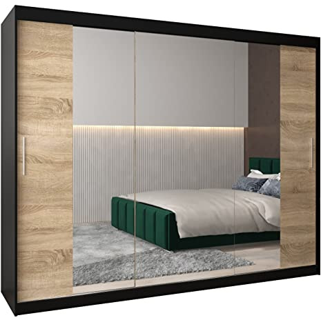 MEBLE KRYSPOL Kleiderschrank mit Spiegel Tokyo 2 - Garderobenschrank - Schrank Schlafzimmer - Mehrzweckschrank DREI Schiebetüren - Regalen - Flur Möbel - Kleiderstange Schrank - Allzweckschrank