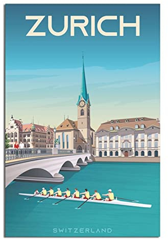 Schweiz Zürich Vintage Reiseposter Limmat Fluss Leinwand Kunst Poster Gemälde Bilder Wandkunst Drucke, Wanddekoration für Schlafzimmer, Home Office Decor Party Geschenke 20 x 30 cm