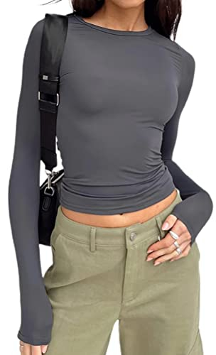 shownicer Damen Rückenfrei T-Shirt Y2K Langarm Crop Top Sexy Rücken Oberteile Y2K Party Cropped Tee Shirts Teenage Aesthetic Mädchen Outfits Rundhals Langarmshirt Streetwear C Grau XS