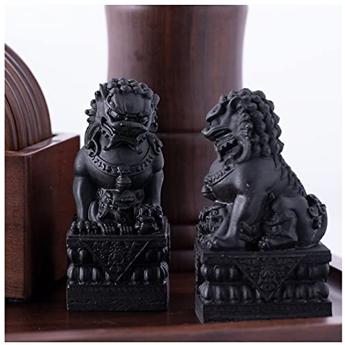 REOTEL Löwe Skulptur Deko FOO Dogs Statuen Klein Löwe Statue Chinesische Feng Shui Wächterlöwen Löwen-Figur Paar Schutz-Löwenstatue für Zuhause Büro Dekoration Geschenk,Schwarz,11.5cm/4.5inch