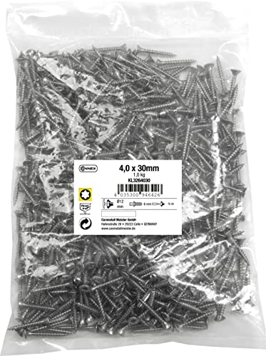 Connex KL3264030 - Viti universali, 4,0 x 30 mm, 1 kg, testa svasata, filettatura completa in acciaio inox, set di viti, viti in sacchetto, 4 x 30 mm