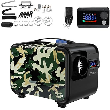 HCALORY Calentador de Aire Diesel 5-8 KW, con Monitor LCD y Mando a Distancia, Calentador de Estacionamiento Diésel Calefacción Estática Furgoneta Diésel Calentador,Musgo