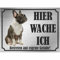INDIGOS UG - Französische Bulldogge - Schild bedruckt - Hier wache ich - Aluverbundplatte Edelstahl Look - ab 20x15 cm - Spruch - Deko Geschenkidee für Ihren Hund - Zaun - Türschild