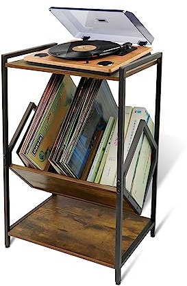 Supporto per giradischi con divisore in vinile organizer per CD in legno organizer per giradischi retrò rustico industriale tavolino laterale a 3 ripiani piccolo scaffale per libri 40,6 x 30,5 x 66 cm