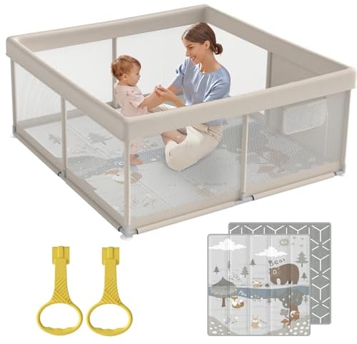 Fodoss Baby Laufgitter mit Matte, 120x120cm Laufstall Baby, Laufstall mit Matratze, Atmungsaktives Netzdesign, Laufstall für die Wohnung(Beige)