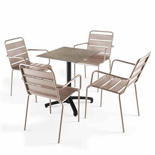 Oviala Gartentisch-Set, Marmor, Laminat, Beige und 4 Sessel, Taupe