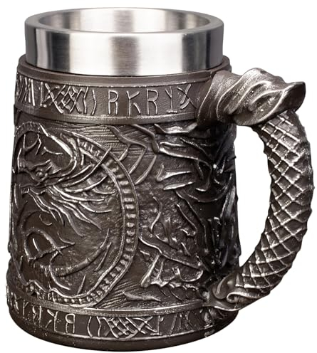JIUMOZHI Dragon Shape Rune Tankard Medieval Vintage Resin Beer Stein 304 SS Liner Wine Goblet Coffee Mug Handmade Creative Gift Home Decor Capacity 20 OZ(Dragon), BM020