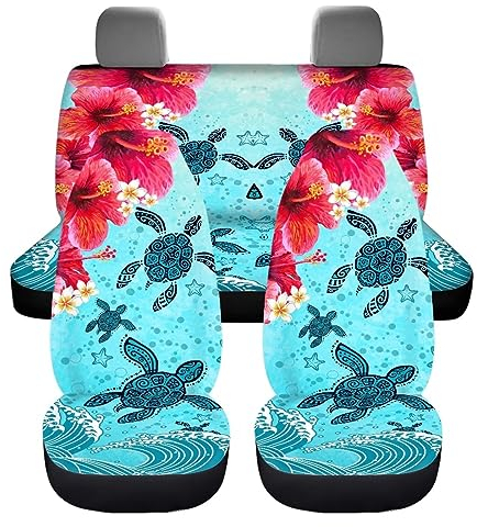 ZIATUBLES Blaue Schildkröte Hibiskus Blumen Design Autositzbezüge Fahrzeug Sitzpolster Schonbezüge Auto Sitzbezug Vollständiges Set für Vordersitz & geteilte Rückbank Sitzbank Universal Fit