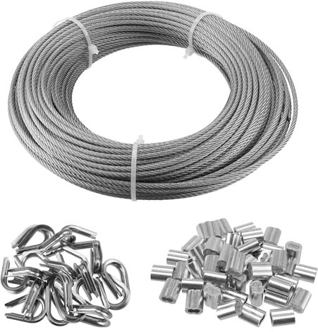 HEIHAK 3mm Stainless Steel Wire Rope Kit, 40m, Coated, 50 Pcs Crimping Sleeves, 20 Pcs Thimbles for Garden, Balustrade, Fence, Cable Railing