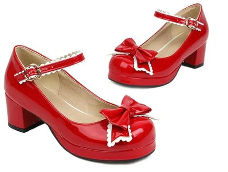 Mary Janes Patent Leather Block Med Heel Pumps for Women Shoes Lolita Fashion Vintage Maid Cosplay, red, 8.5 UK