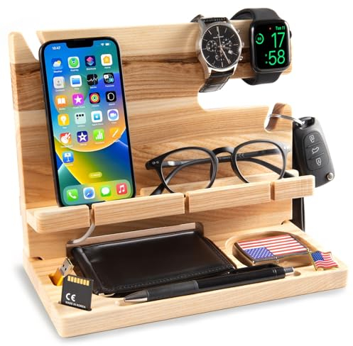 GRETAOTO Holz Dockingstation für Handy, Tablet, Geldbörse, Gadgets, Uhr, Schlüssel, Accessories, Ablage für Arbeitstisch, Schreibtisch Organizer, Nachttisch,Geschenke für Männer (Beige)