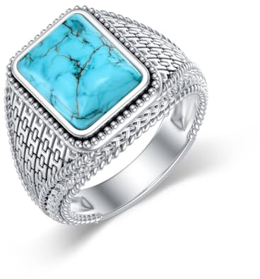 BETHZA Türkis-Ringe für Herren, 925er-Sterlingsilber, Western-Stil, Vintage, echter quadratischer Türkis-Edelstein, Schmuck, Geschenke für Geburtstag, Vatertag, Größe 7 bis 14