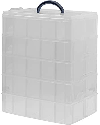 5-Tier Craft Storage Box, Transparent Adjustable Organiser Storage Box with 50 Compartments Large Plastic Stackable Divider Organizer with Handle for Medicine Arts Sewing Toys Jewellery Beads
