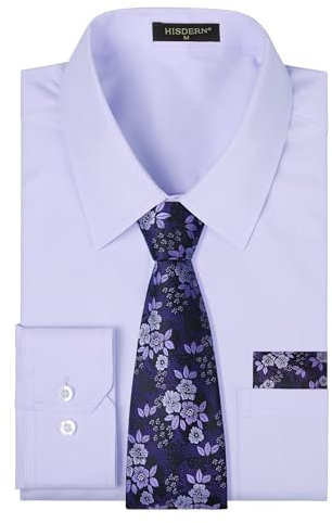HISDERN Camisa Hombre Lila Manga Larga Formal Camisas y Corbata Elegante Camisa de Vestir de Negocios Boda con Bolsillo Regular Fit 3XL
