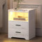 LVSOMT White Bedside Table with Wireless Charging Station, LED Bedside Cabinet with 2 Drawers, Smart Nightstand with 24-Color RGB Lighting, Modern Bed Side Table with Socket for Bedroom, White Wood