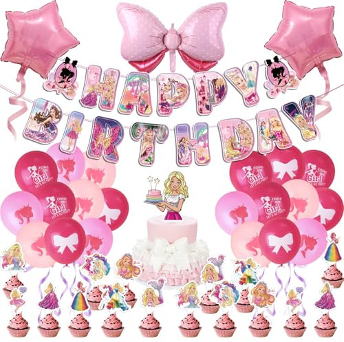 41Pcs Bar-bie Prinzessin Geburtstag Deko Set, Rosa Luftballons Set Kindergeburtstag Deko Luftballons, Prinzessin Thema Dekoration Foil Balloons Birthday Decoration for Children Party Balloons