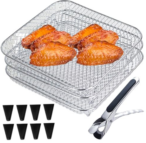 Wedhapy Airfryer-Gestell Airfryer-Korb Edelstahl 3-lagig stapelbares Airfryer-Regal mit 8 Silikonfüßen 1 Pinzette und 1 Bürste für Backofen Presskocher quadratisch